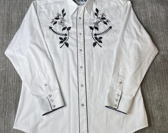 Vintage Roper Rocky Western Shirt – 2XL – White Black Floral Embroidery – Pearl Snap Cowboy Rodeo Denver Colorado Shirt