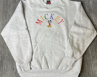 Vintage 1990s Disney Sweatshirt – M – Gray Mickey Embroidered Crewneck – Rainbow Spell Out Character Pullover