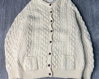 Vintage 1990s Aran Wool Cable Knit Cardigan – L – Irish Fisherman Sweater – Pure New Wool – Cream Heritage Knit