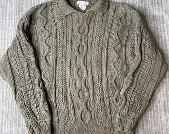 Vintage 1990s Talbots Cable Knit Sweater – M – Taupe 100% Cotton Fisherman Knit – Chunky Collared Pullover – Coastal Grandpa Sweater