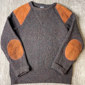 Vintage 1990s Woolrich Wool Sweater – L – Marled Rib Knit – Suede Shoulder Elbow Patches – Hunting Outdoor Country Pullover