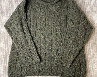 Vintage 1980s Bonner of Ireland Wool Sweater – M – Donegal Fleck Cable Knit Pullover – Green Pure New Wool Fisherman Jumper