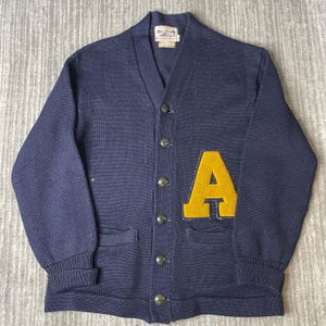 Vintage 1950s Kennedy Bros Arms Co Wool Cardigan – M/L – Navy Varsity Letterman Sweater – Chenille A Patch