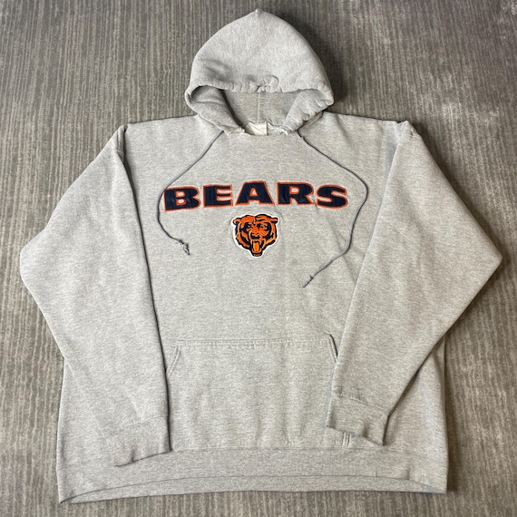 Vintage 1990s Chicago Bears Hoodie – Size Unmarked – Gray Embroidered Spellout Sweatshirt – Football Pullover – Retro Sportswear