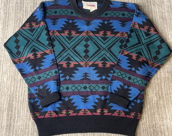 Vintage 1990s Obermeyer Sweater – M – Southwestern Geometric Wool Blend Ski Lodge Knit Outdoor Pullover