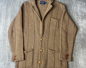 Blazer de punto vintage de Ralph Lauren de los años 80 – Talla L – Chaqueta cárdigan de lana de pelo de camello con estampado de espiga, estilo club de campo
