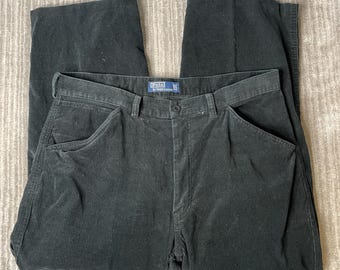 Vintage 1990s Polo Ralph Lauren Corduroy Pants – 36x30 – Black Wide Leg Cotton Cords – Classic Preppy Trousers