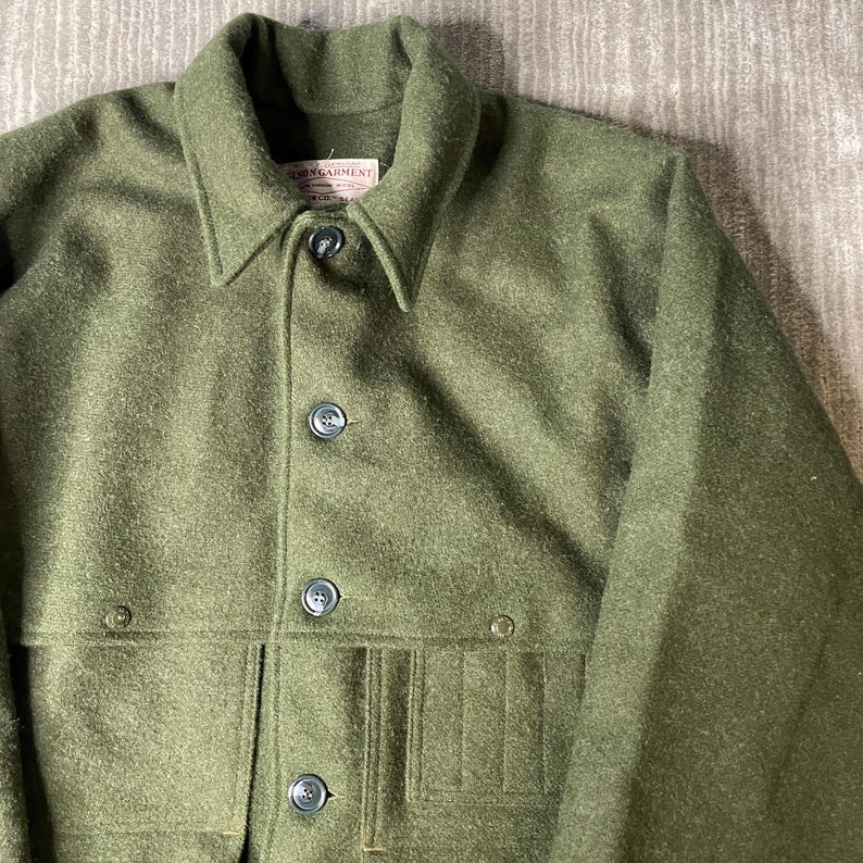 Vintage 1970s Filson Garment Wool mackinaw Cruiser Jacket – 2XL – Olive Green Virgin Wool Field Coat – C.C. Filson Workwear bild 2