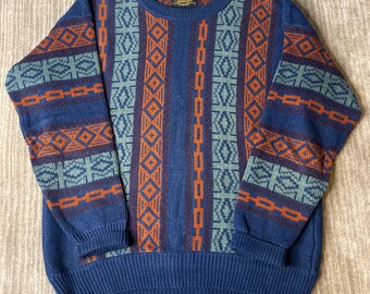 Vintage 1990s Croft & Barrow Sweater – XL – Blue Orange Geometric Ramie Cotton Knit – Retro Pattern Crewneck Grandpa Pullover