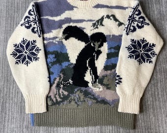 Vintage 1990s American Eagle Wool Sweater – L – Penguin Scene Knit – Chunky Winter Novelty Pullover – Made in Hong Kong