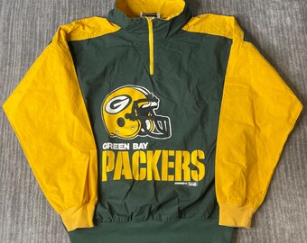 Vintage 1980s Nutmeg Green Bay Packers Pullover Jacket – Size Large NFL Football Windbreaker – Yellow Green Quarter Zip