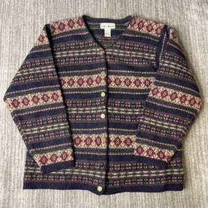 Vintage 1990s Croft & Barrow Wool Cardigan – L – Fair Isle Nordic Knit – Navy Burgundy Button Sweater – 100% Wool