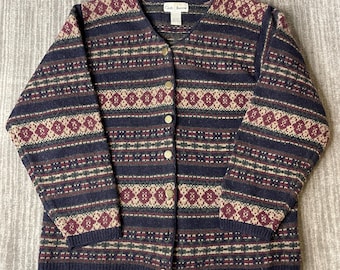 Vintage 1990s Croft & Barrow Wool Cardigan – L – Fair Isle Nordic Knit – Navy Burgundy Button Sweater – 100% Wool
