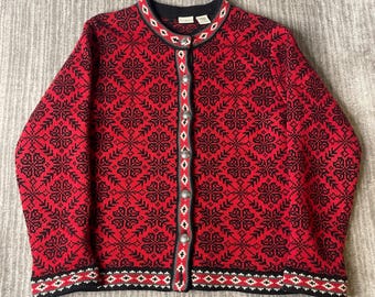 Vintage 1990s L.L.Bean Cardigan Sweater – Women's M – Merino Wool Nordic Fair Isle Norwegian Knit