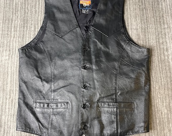 Vintage 1990s Cripple Creek Leather Vest – M – Black Western Cowboy Waistcoat – Genuine Leather – Biker Ranchwear Layer
