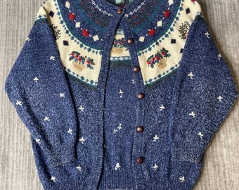 Vintage 1990s Northern Reflections Cardigan – L – Wool Blend Embroidered Fair Isle Knit – Blue Cottagecore Grandma Sweater