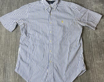 Vintage 2000s Ralph Lauren Short Sleeve Shirt – M – Blue White Striped Button Down – Yellow Pony Classic Fit Preppy Oxford