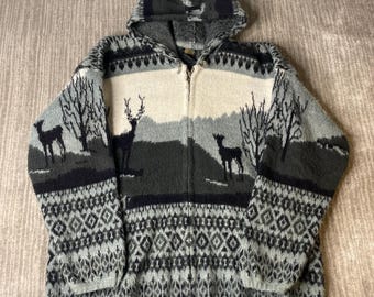 Vintage 1980s Tejidos Atahualpa Wool Hooded Sweater – Size XL – Deer Landscape Zip Cardigan – Andean Ecuadorian Winter Knit