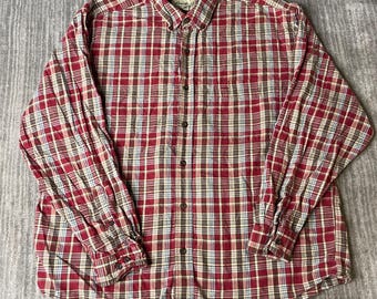 Vintage 1990s Eddie Bauer Flannel Shirt – L – Red Plaid Cotton Button Up – Outdoor Cabin Workwear – Grunge Overshirt