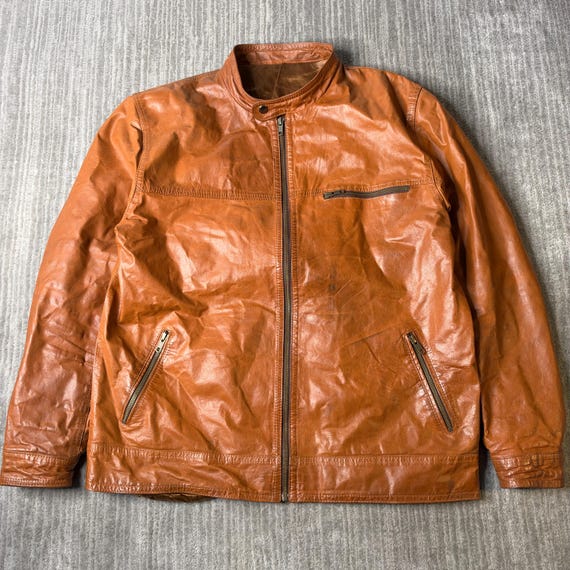 Vintage TripTico Cueros Argentinos Leather Racer Jacket – L – Cognac Brown Vintage Style Cafe Racer – Distressed Moto Coat