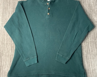Vintage 1990s Cherokee Waffle Knit Henley – L – Green Thermal Long Sleeve – Textured Cotton Layering – Minimal Workwear Basic