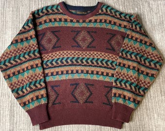 Vintage 1990s Michael Gerald Sweater – M – Southwestern Aztec Knit Pullover – Earth Tone Geometric Grandpa Core