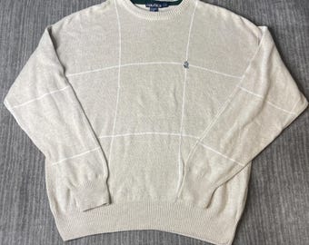 Vintage 1990s Nautica Sweater – L – Cream Windowpane Knit Cotton Linen Minimalist Preppy Grandpa Core Pullover