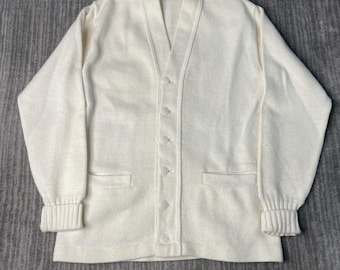 Vintage 1970s Cream Knit Cardigan Sweater – L – Soft Minimal Button Up – Classic Neutral Layering Piece