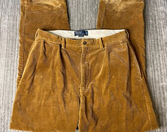 Vintage 1990s Polo Ralph Lauren Pants – 35x32 – Brown Corduroy Andrew Fit – Classic Pleated Wide Leg Trousers