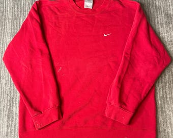 Vintage 1990s Nike Crewneck Sweatshirt – L – Red Mini Swoosh Embroidered Logo – Faded Distressed Athletic Pullover – Sportswear