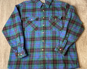 Vintage 1990s Big Smith Flannel Shirt – XL – Blue Green Plaid Workwear Button Up Lumberjack Overshirt