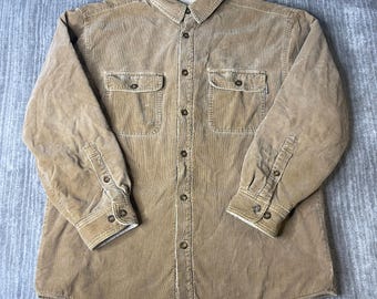 Vintage 1990s Woolrich Corduroy Shirt Jacket – XL – Tan Fleece Lined Button Up – Heavyweight Outdoor Workwear Overshirt
