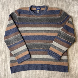 May include: A long-sleeve crew neck sweater featuring a horizontal striped pattern in shades of blue, brown, gray, and tan. The garment has a ribbed knit collar, cuffs, and hem. A Club Room brand label is visible at the inside of the neckline.