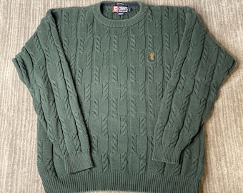 Vintage 1990s Chaps Ralph Lauren Cable Knit Sweater – L – Green Cotton Crewneck – Preppy Classic Textured Knit