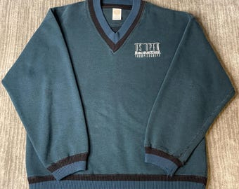 Vintage 1990s RAC Sweater – Large – Teal V Neck Racquetball Championship Pullover – Retro Sport Knit