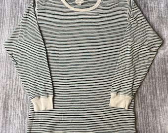 Vintage 1990s Abercrombie Thermal Shirt – L – Green Cream Striped Cotton Waffle Knit Long Sleeve – Made in Hong Kong