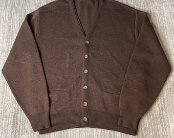 Vintage 1960s Textured Knit Cardigan – Size M – Brown Grandpa Core Button Front Sweater Minimalist Classic
