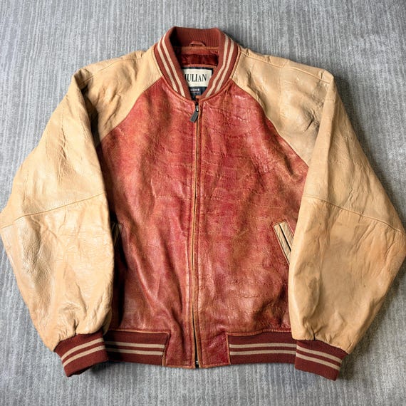 Vintage 1990s M Julian Wilsons Leather Varsity Jacket M – Burgundy Cream Leather Letterman Bomber – Collegiate Preppy Coat