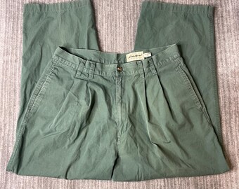 Vintage 1990s Eddie Bauer Chino Pants – 35 – Sage Green Pleated Cotton Trousers Classic Casual Dadcore