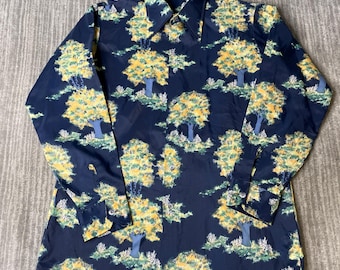Vintage 1970s Van Heusen Button Up Shirt – L – Navy Psychedelic Tree Print Disco Collar Van Custe Polyester