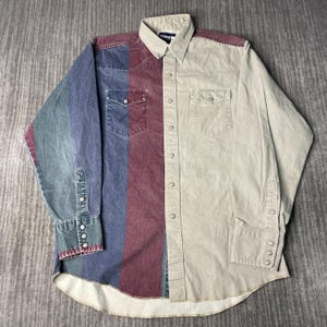 Vintage 90s Wrangler Western Shirt – 16–35 – Colorblock Denim Button Up – Patchwork Cowboy Snap Shirt – Rodeo Style