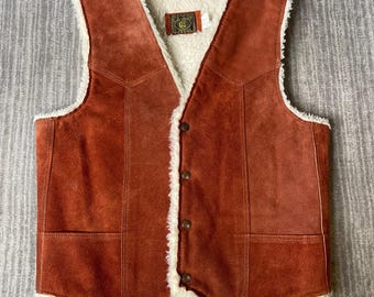 Vintage 1980s Carroll Suede Leather Vest – M – Made in USA Sherpa Lined Brown Western Ranch Cowboy Shearling Style Waistcoat