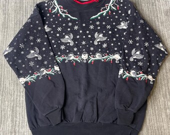 Sudadera vintage de los años 90 de Artisans Collection Designs – Talla L/XL – Estampado de carboneros, copos de nieve, Navidad, invierno y naturaleza.