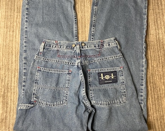 Vintage Y2K L.E.I. Workwear Jeans – 3 – Light Wash Wide Leg Carpenter Denim – Red Stitch Utility Pants
