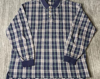 Vintage 1990s Dockers Polo Shirt – L – Navy Green Plaid Long Sleeve Cotton Preppy Casual Golf Shirt