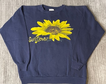 Vintage 1990s Sunflower Sweatshirt – XL – Navy Blue Floral Graphic Crewneck – Tultex Made in USA Cottagecore Pullover