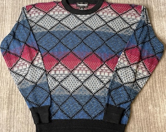 Vintage 1990s Energy International Sweater – L – Blue Red Geometric Knit Pullover – Abstract Diamond Crewneck