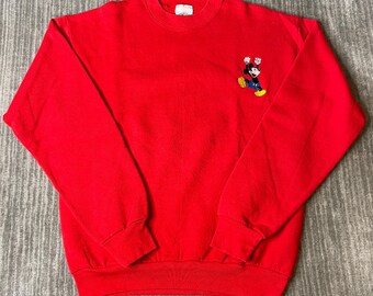 Vintage 1990s Disney Sweatshirt – L – Red Mickey Embroidered Chest Logo Crewneck – Made in USA Character Pullover