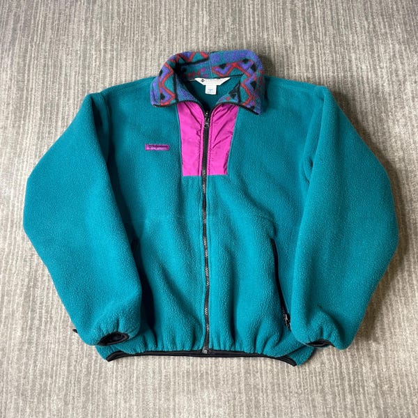 Vintage 1990s Columbia Fleece Jacket – M – Teal Purple Full Zip Jacket Made in USA – Retro Outdoor Colorblock Fleece
