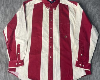 Vintage 1990s Tommy Hilfiger Button Down Shirt – XL – Red White Stripe Americana – Flag Lining – Classic 90s Prep